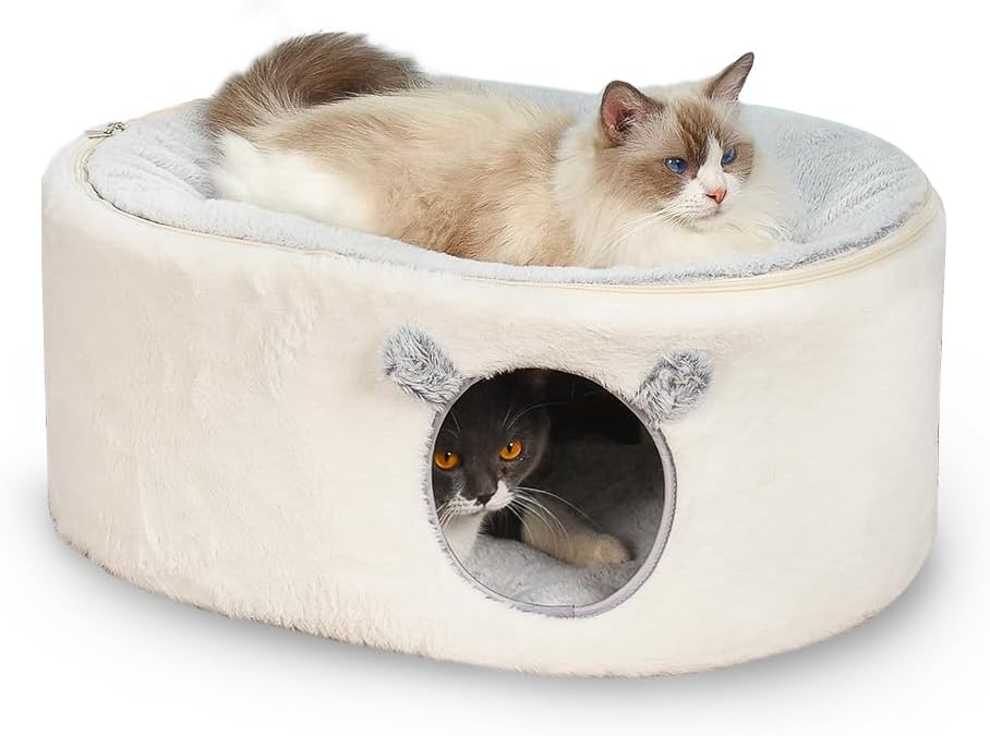 Cat Bed for Indoor Cats, Fluffy Cat Cave Large Enclosed Cat House Pet Bed Hammock with Removable Washable Cover for Sleeping Cat, Kittens, Small Dog, Oval Cat Hideaway