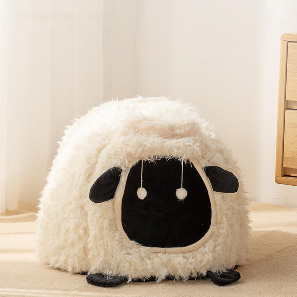 Mushroom Cat Bed Chocolate Cookie Cat Beds for Indoor Cats Mushroom Cow Shape Cat Cave Bed Cat Tent with Removable & Washable Cushion Pillow Cat House Bed for Cats Small Dogs (White Sheep)