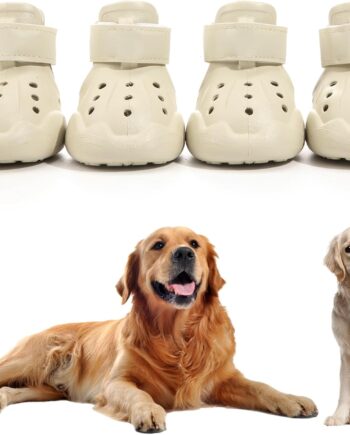Dog Shoes, Dog Sandals for Hot Pavement, Non-Slip Waterproof Dog Booties for Winter Snowy Day and Summer, Adjustable Straps Easy-Clean Beach Outdoor Pet Boots Rugged Sole-4Pcs Beige