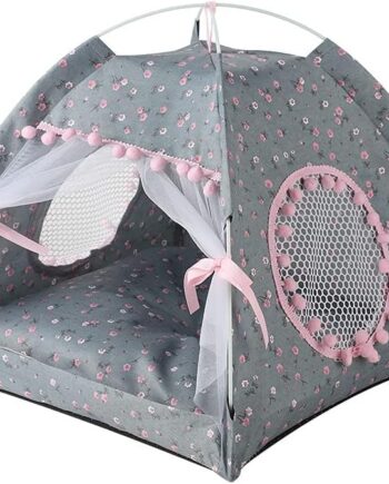 Cat Bed Tents Dog House Indoor Outdoor Lace Mesh Breathable Windows Door Curtains Removable Portable Nest Teepe House (Small,Gray&Pink)