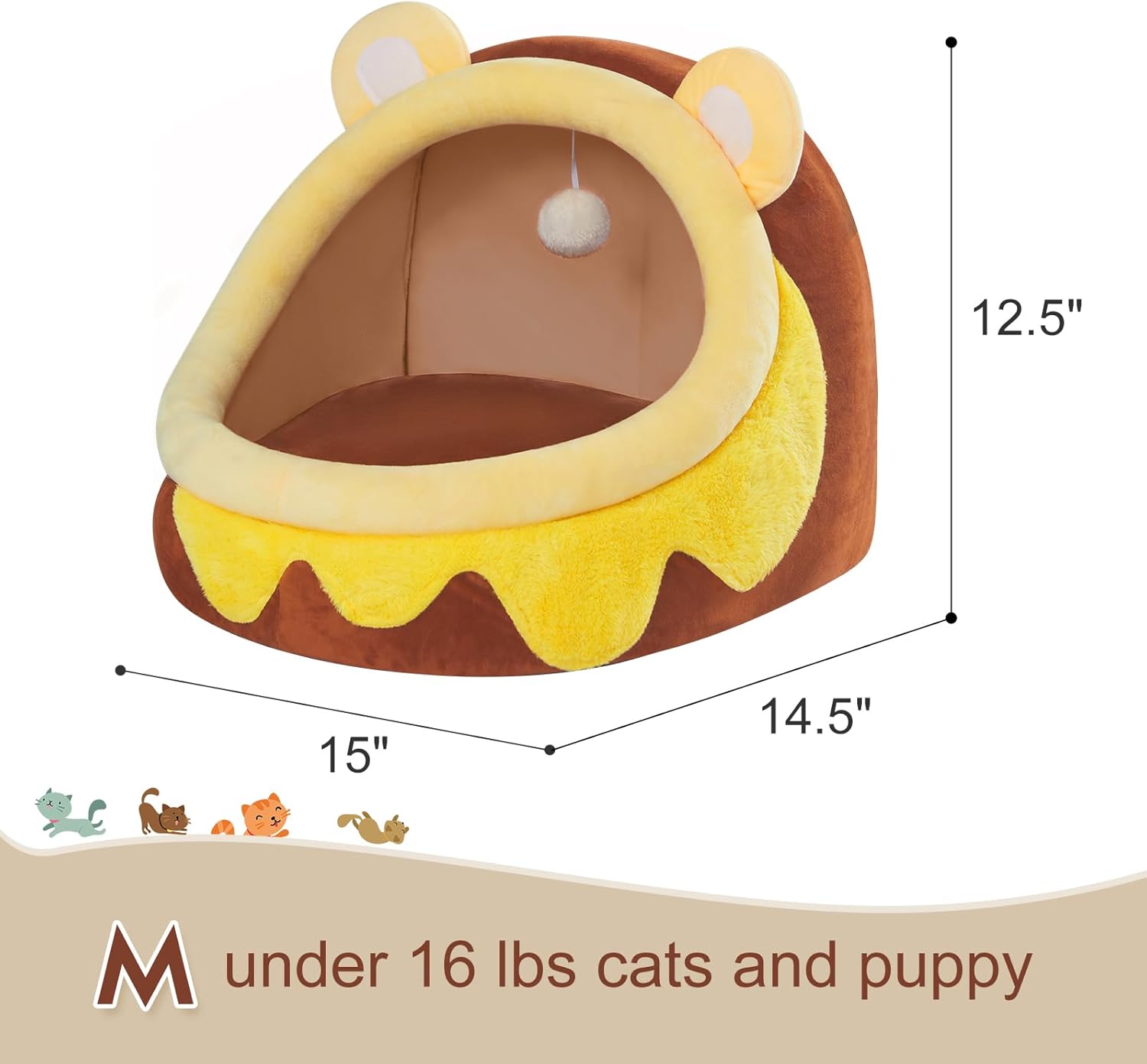 Cute Cat Bed for Indoor Cats, Warm Soft Cave Fit for Cat Up to 16 Lb and Puppy, Honeypot, M
