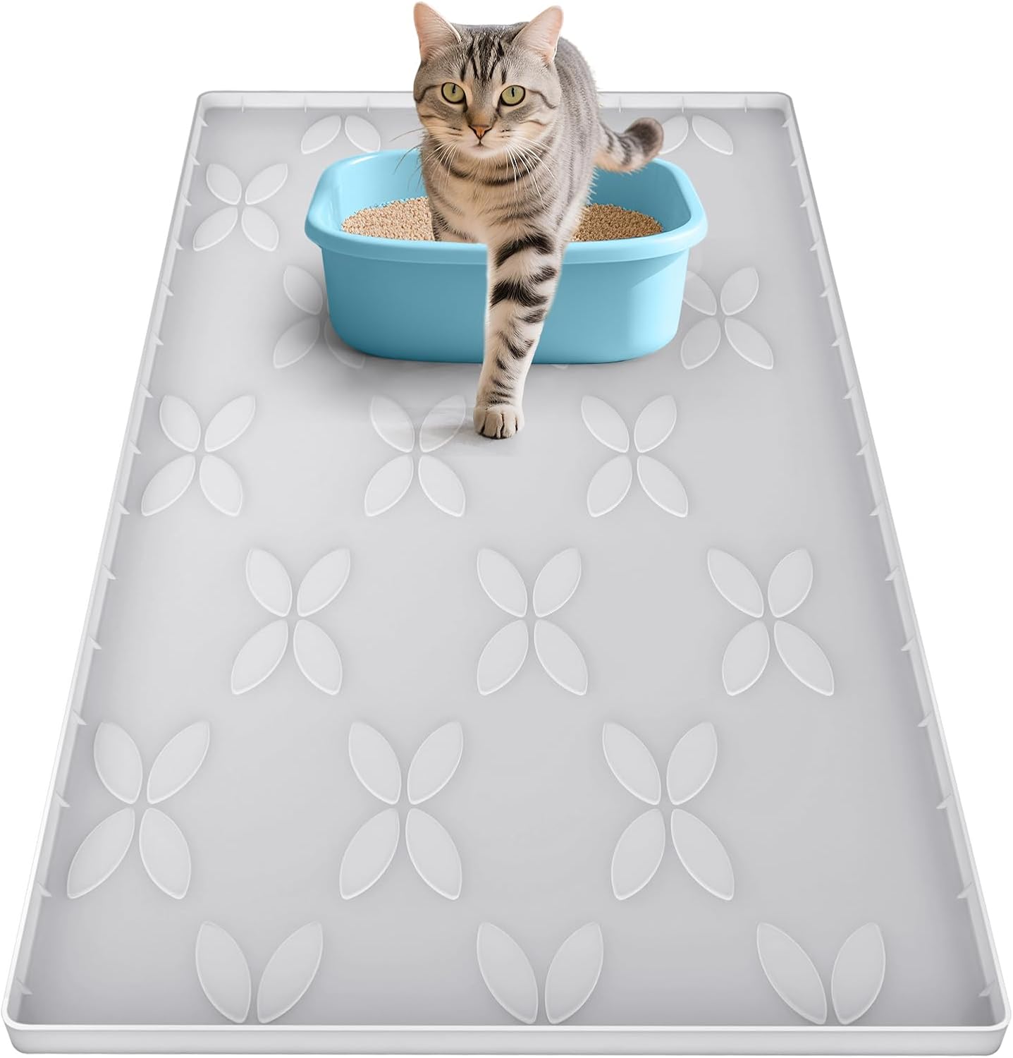 Cat Litter Mat, Large 34" x 22" Litter Box Mat, Waterproof Silicone Litter Mat for Litter Box, Non-Slip, Easy to Clean (Light Grey)
