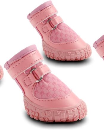 Dog Shoes for Small Dogs, Double Binding Straps Puppy Boots & Paw Protectors for Summer Hot Pavement, Winter Snow, Dog Booties with Anti-Slip Rubber Soles for Beach Hardwood Floor Pink Size 1