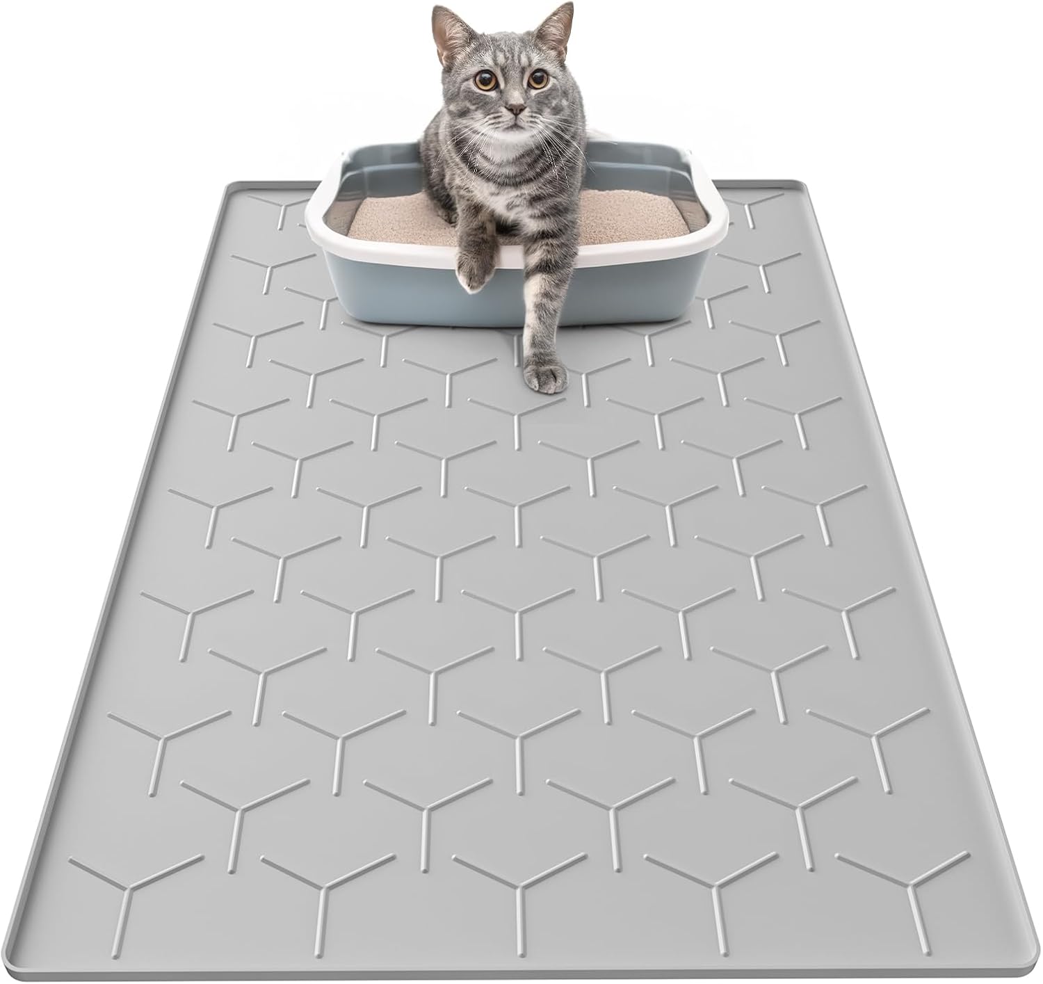 Cat Mat for Litter Box, Large 34" X 22" Cat Litter Mat, Waterproof Silicone Pad for Floor, Gray