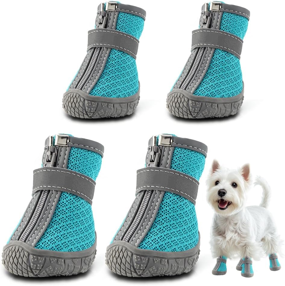 Dog Shoes for Small Dogs, Breathable Dog Boots Paw Protector for Hot Pavement Winter Snow, Dog Booties with Reflective Strips Rugged Anti-Slip Sole for Hardwood Floors Outdoor Walking Blue Size 1