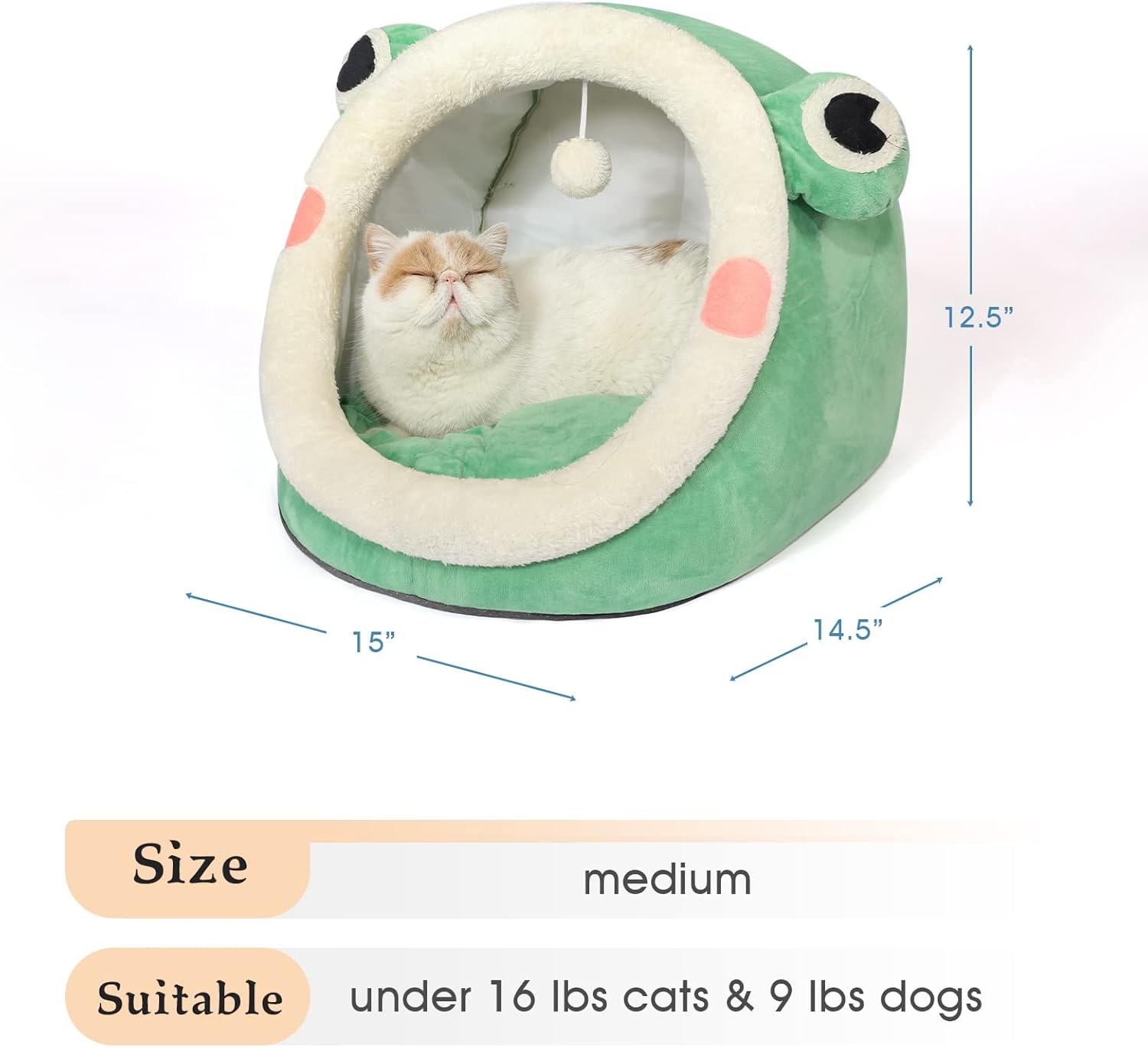 Cute Cat Bed, Indoor Lovely Velvet Igloo for Cat and Small Dog, Warm Cave Sleeping Nest Bed for Puppy and Kitten, Green Frog, M