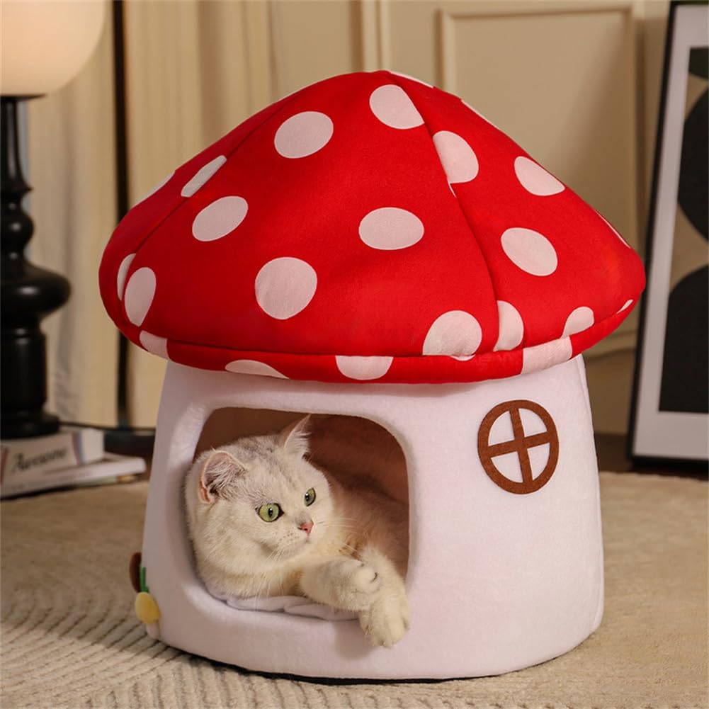 Mushroom Cat Bed Chocolate Cookie Cat Beds for Indoor Cats Mushroom Cow Shape Cat Cave Bed Cat Tent with Removable & Washable Cushion Pillow Cat House Bed for Cats Small Dogs