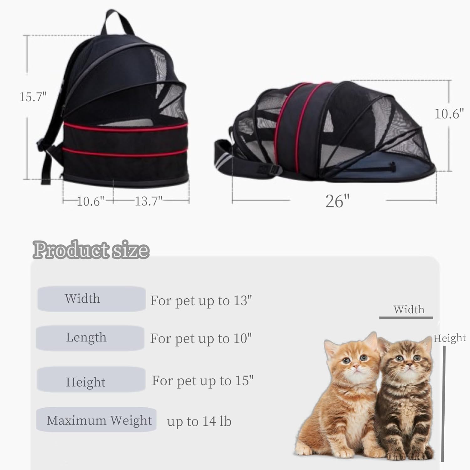 Expandable Cat Backpack Carrier, Cat Backpack with Breathable Mesh for Hiking/Travel/Camping, Large Cat Backpack Fits Up to 12 lbs, Cat Carrier for Small Pubby,(Black)