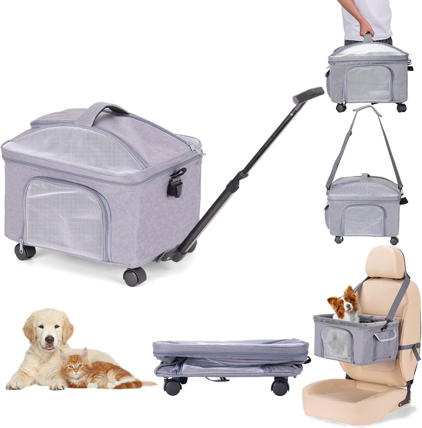 Cat Dog Carrier with Wheels, Airline Approved Pet Carrier for Small Dogs and Cats with Handle and Shoulder, Collapsible Carrier Soft Travel Bag Ideal for Outdoor Flight Camping