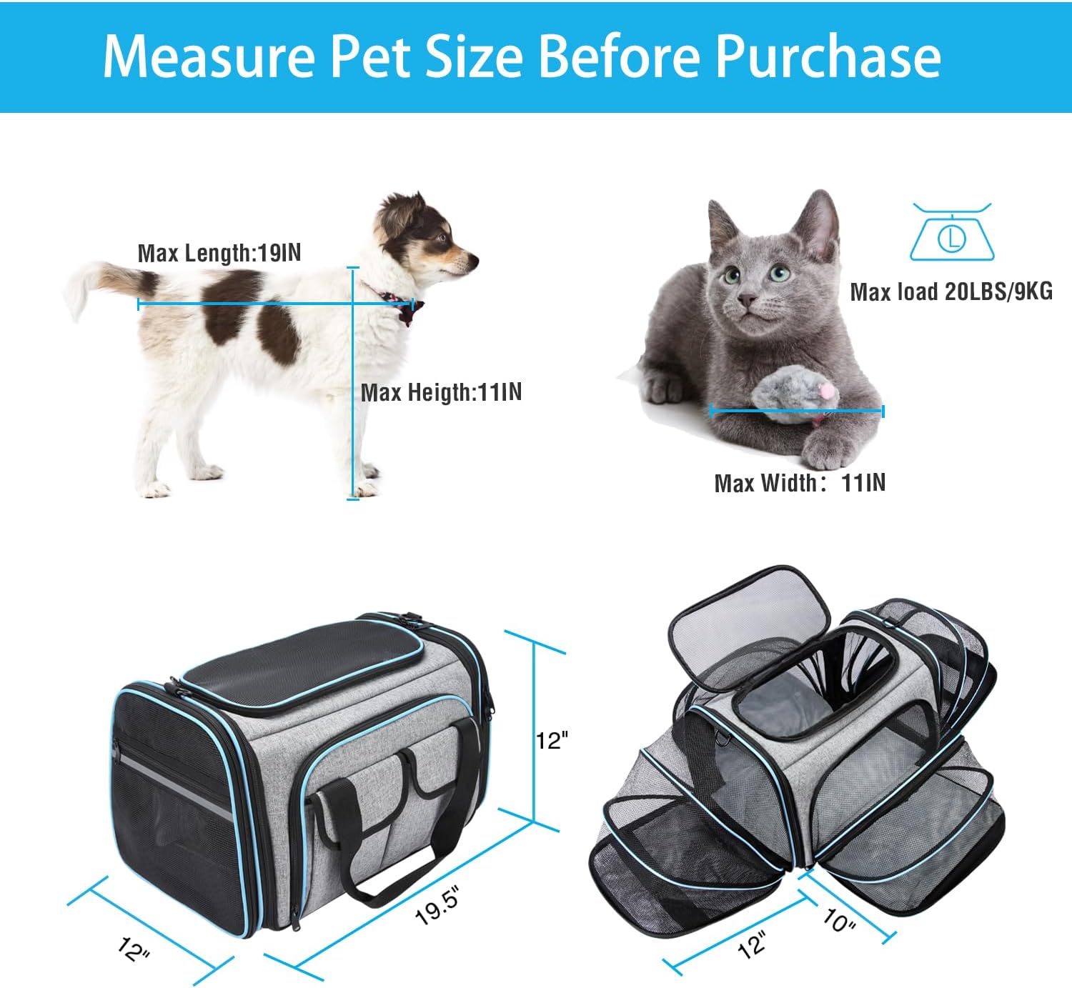 Airline Approved Pet Carrier, Large Soft Sided Pet Travel Carrier 4 Sides Expandable Cat Collapsible Carrier with Removable Fleece Pad and Pockets for Cats Dogs and Small Animals