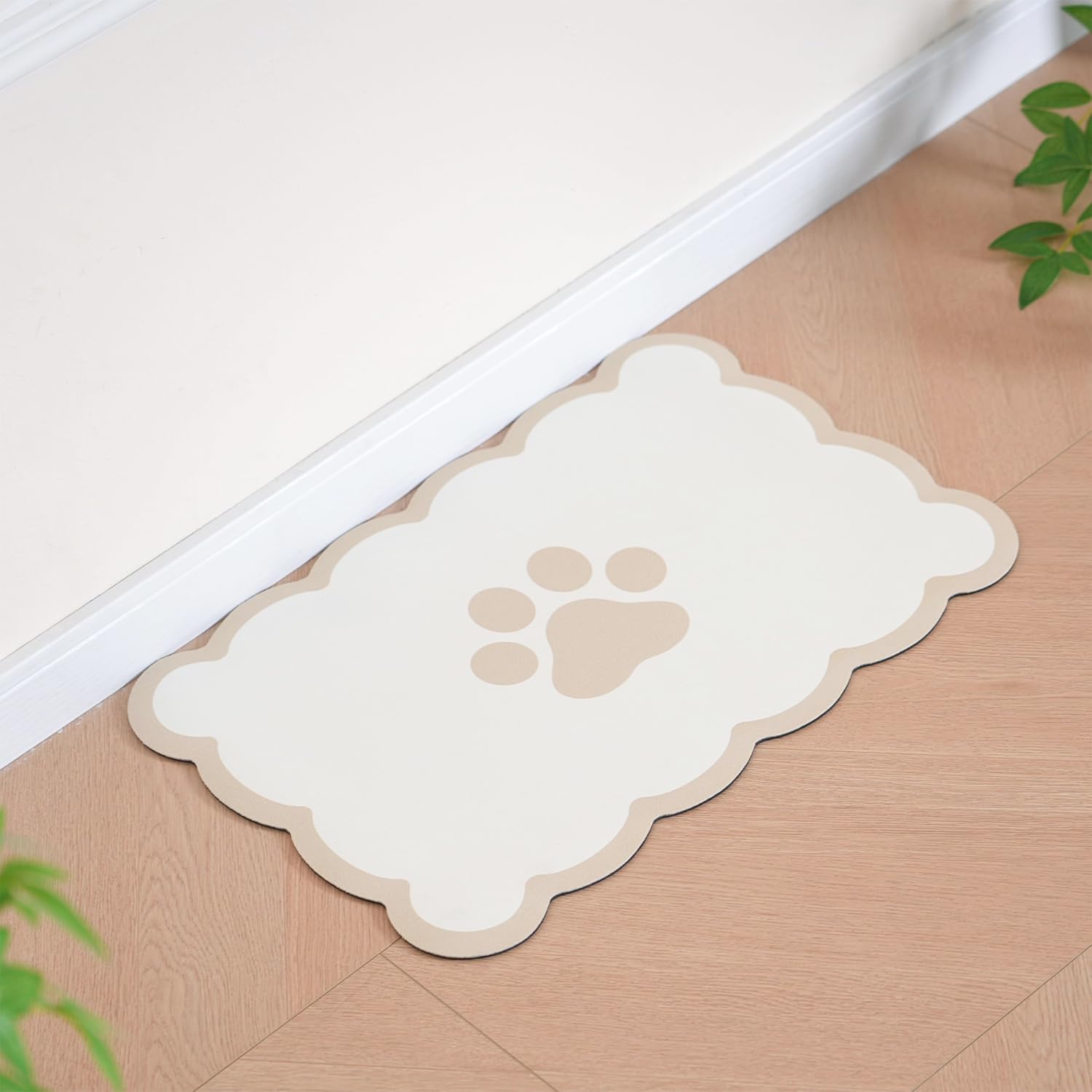 Scalloped Dog Feeding Mat, Absorbent Mats for Dog Food and Water Bowl, Dispenser, Cute Elegant Aesthetic Khaki Beige Scallop Pet Placemat for Dogs, Cats, Puppy Accessories, 14" X 19”