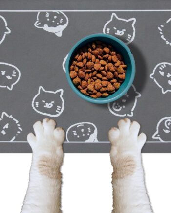 Cat Food Mat for Pet Dog Food Mat, Cat Mat for Food and Water, Cat Feeding Mat Pet Dog Cat Bowl Mat, Non-Slip Super Absorbent, with Multiple cat Heads Logo，18.1 x 11.8 inches, Dark Grey