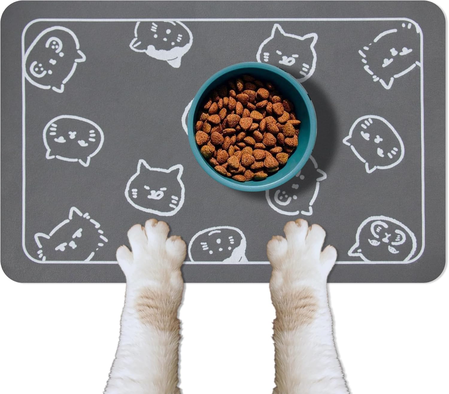 Cat Food Mat for Pet Dog Food Mat, Cat Mat for Food and Water, Cat Feeding Mat Pet Dog Cat Bowl Mat, Non-Slip Super Absorbent, with Multiple cat Heads Logo,18.1 x 11.8 inches, Dark Grey
