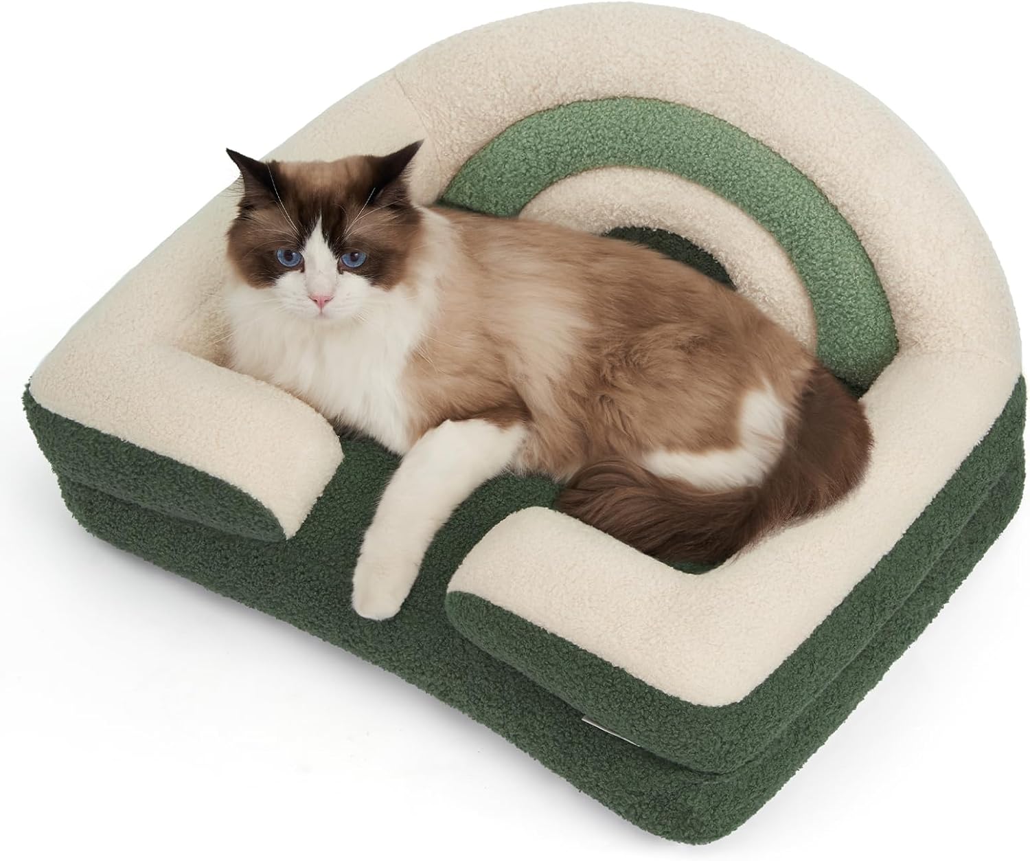 Foam Cat Bed Small Size, Washable Pet Bed for Cats and Dogs, Soft Teddy Plush with Rainbow Design (Green)