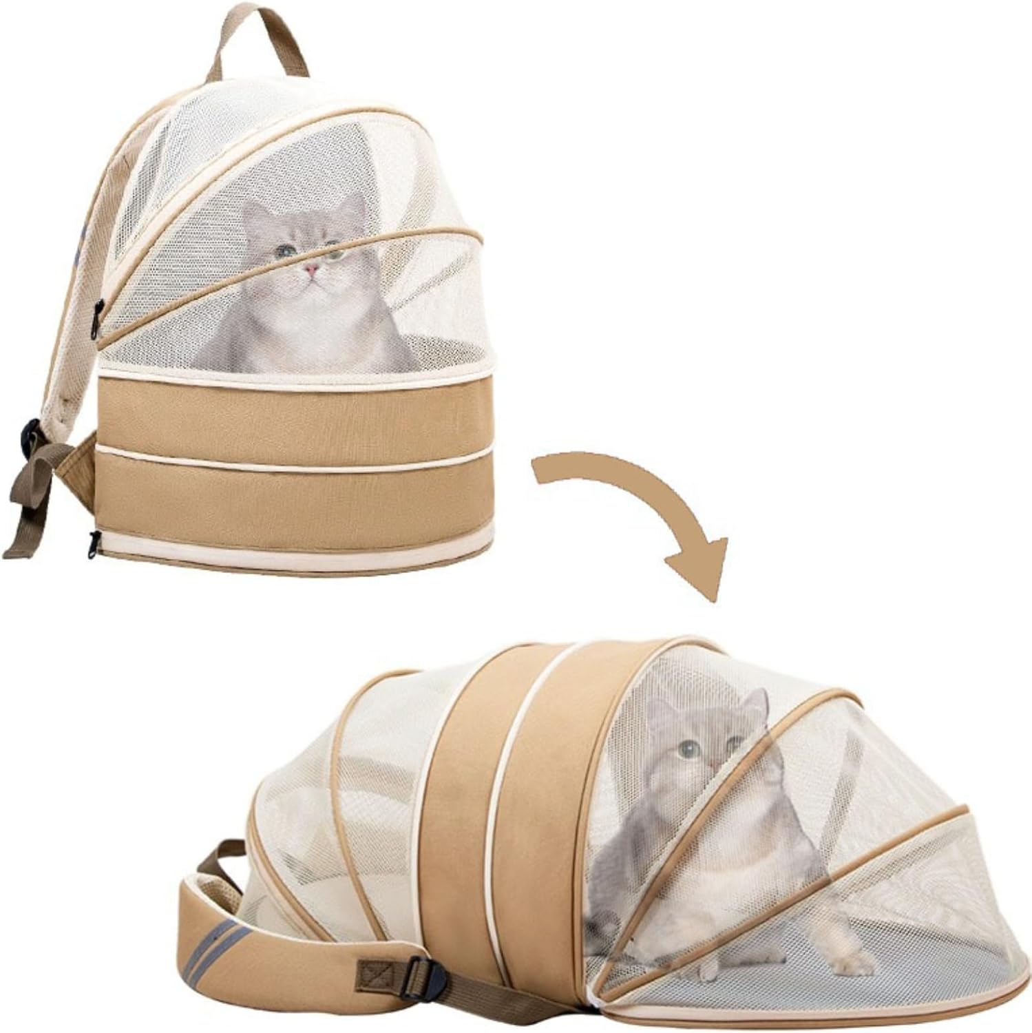Expandable Cat Backpack Carrier, Cat Backpack with Breathable Mesh for Hiking/Travel/Camping, Large Cat Backpack Fits Up to 12lbs, Cat Carrier Hard Suit for Small Annimals (Brown)