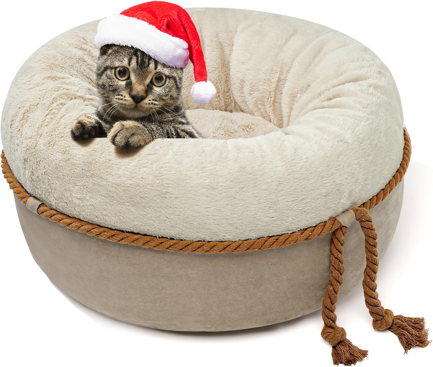 Cat Beds for Indoor Cats - Donut Washable Small Pet Bed, 22 inches Anti-Slip Round Fluffy Plush Large Cat Bed, Warm and Thicked Dog Bed, Light Brown
