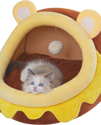 Cute Cat Bed for Indoor Cats, Warm Soft Cave Fit for Cat Up to 16 Lb and Puppy, Honeypot, M