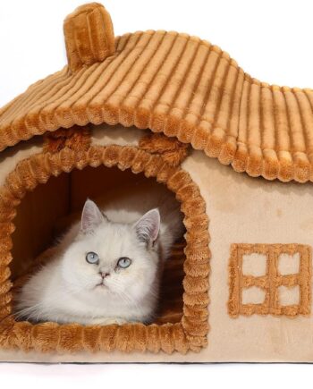 Cat Houses for Indoor Cats, Chimney Cute Cat Bed Cave, Enough Interior Space, Cartoon Soft Pet House Up to 3-7 lbs Kitten, Brown