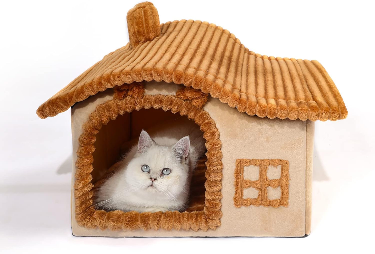 Cat Houses for Indoor Cats, Chimney Cute Cat Bed Cave, Enough Interior Space, Cartoon Soft Pet House Up to 3-7 lbs Kitten, Brown
