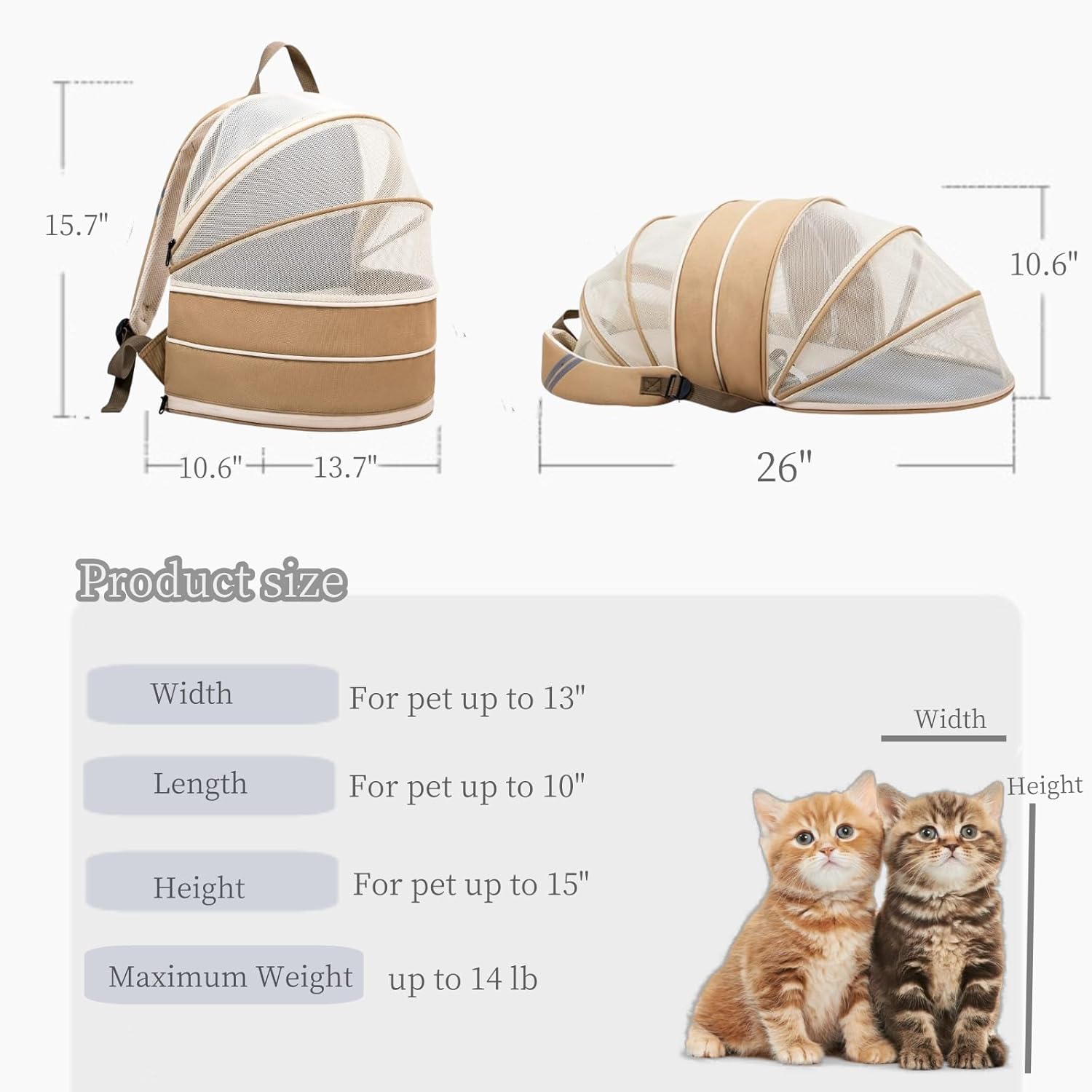 Expandable Cat Backpack Carrier, Cat Backpack with Breathable Mesh for Hiking/Travel/Camping, Large Cat Backpack Fits Up to 12lbs, Cat Carrier Hard Suit for Small Annimals (Brown)