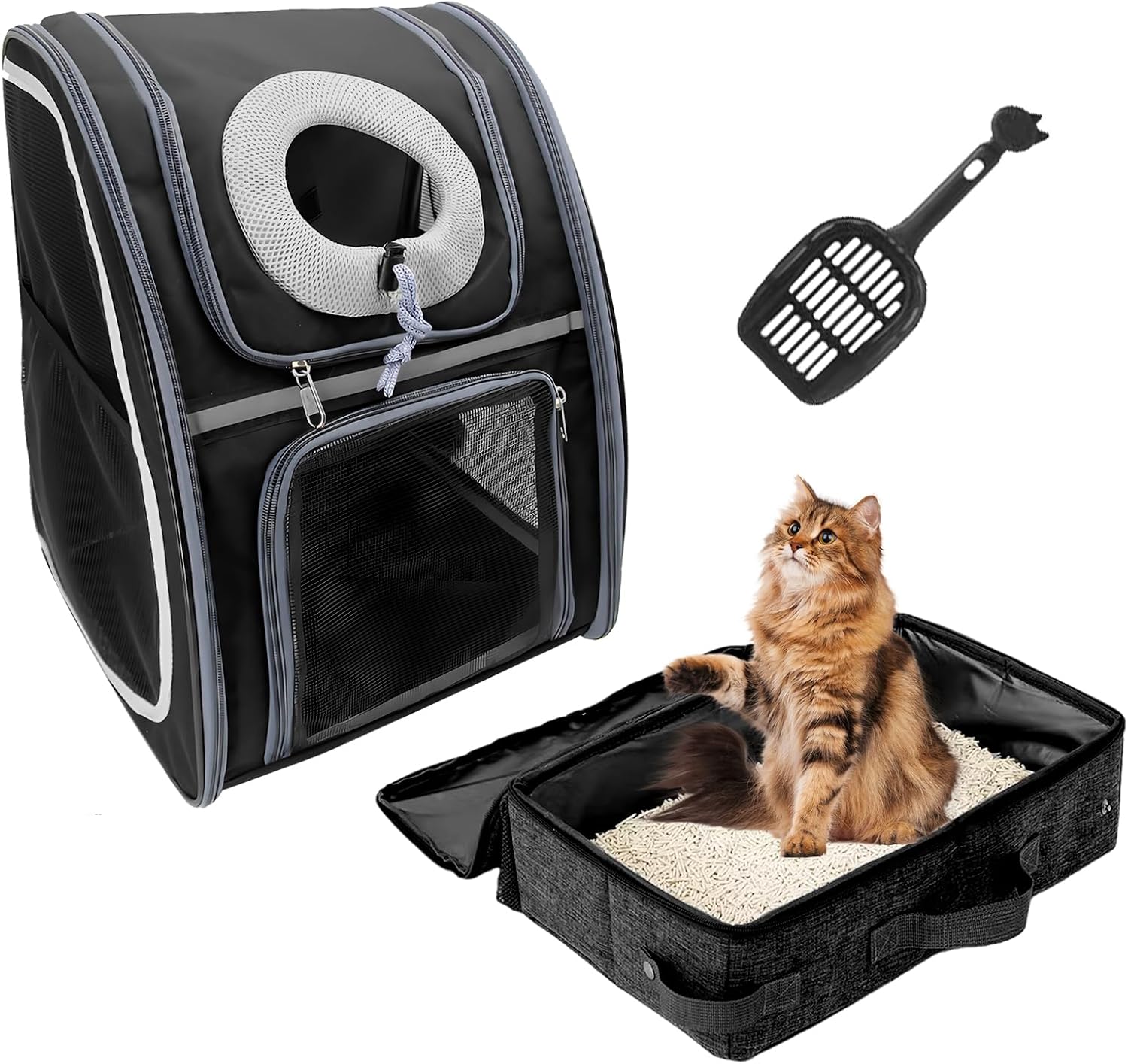 Soft-Sided Cat Carrier Backpack & Foldable Travel Litter Box for Cats, Portable Cat Litter Box with Lid Fit for Pet Cats or Kitten Up to 20lbs, Cat Essentials for Outdoor Traveling
