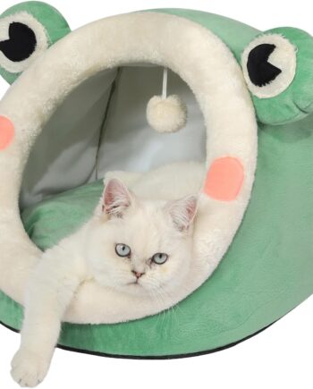 Cute Cat Bed, Indoor Lovely Velvet Igloo for Cat and Small Dog, Warm Cave Sleeping Nest Bed for Puppy and Kitten, Green Frog, M