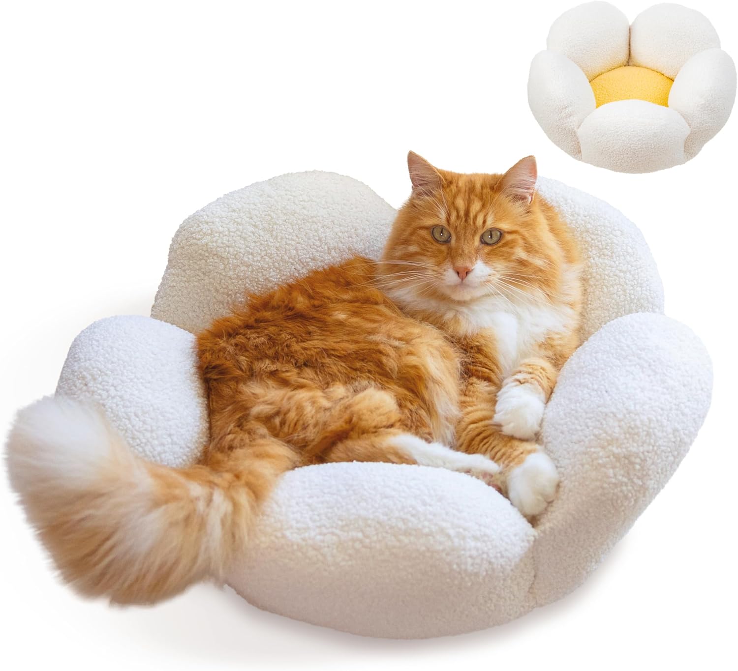 Washable Flower Shaped Round Cat Bed for Indoor Cats, Plush, White