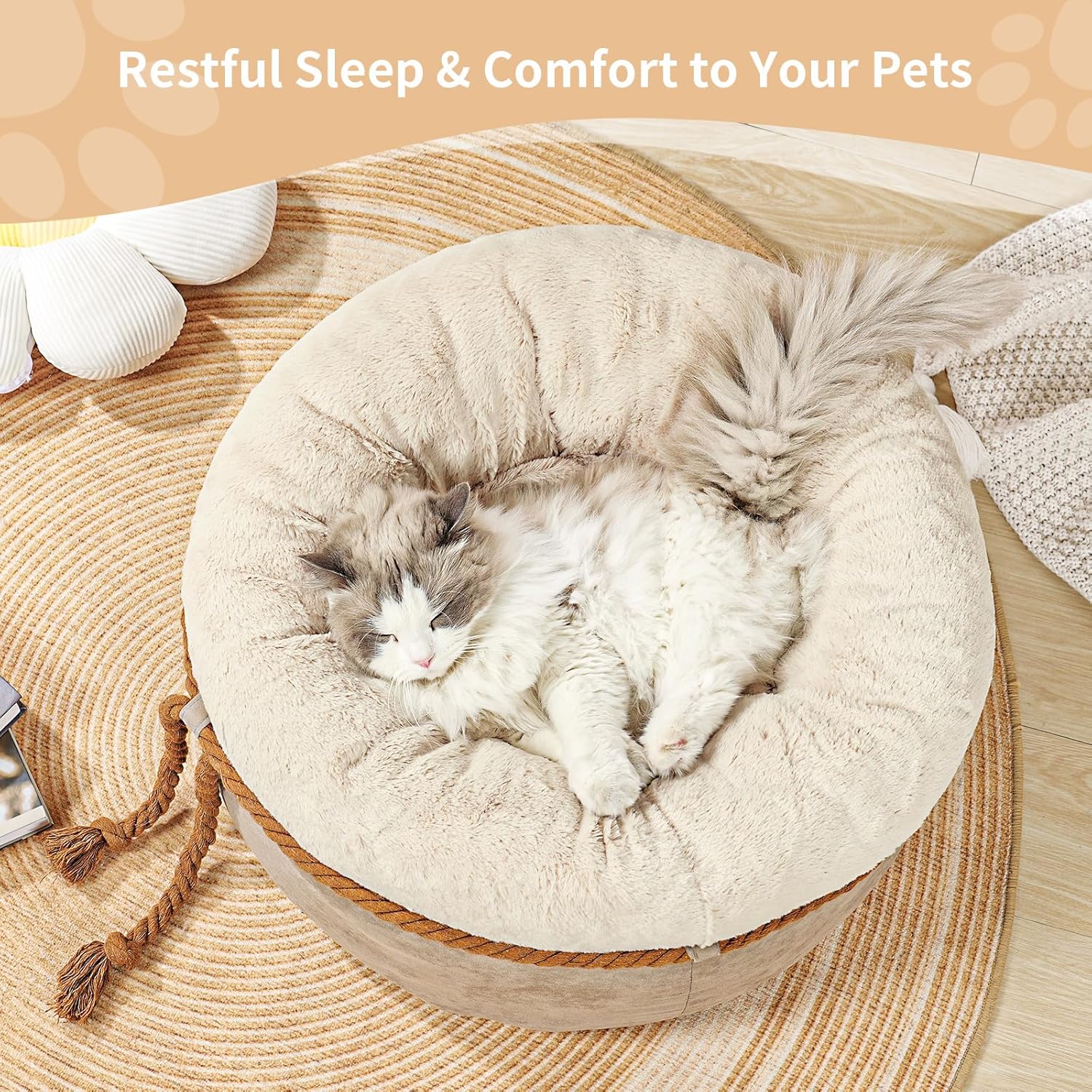 Cat Beds for Indoor Cats - Donut Washable Small Pet Bed, 22 inches Anti-Slip Round Fluffy Plush Large Cat Bed, Warm and Thicked Dog Bed, Light Brown