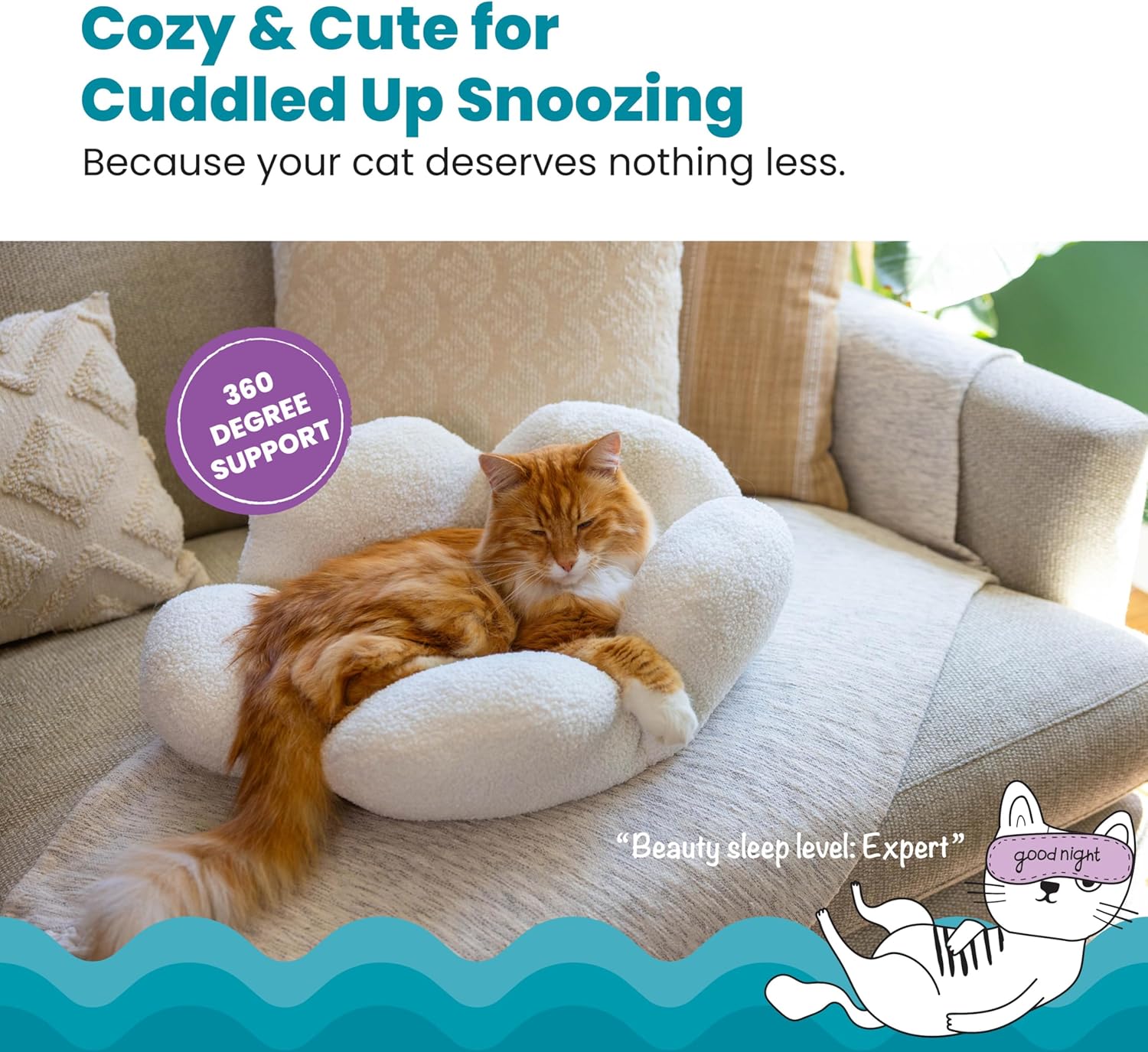 Washable Flower Shaped Round Cat Bed for Indoor Cats, Plush, White