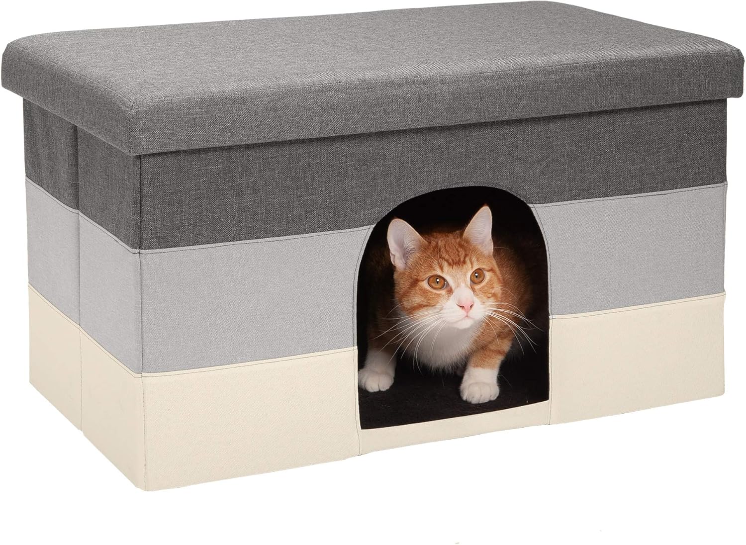 Pet House for Indoor Cats & Medium/Small Dogs, Collapsible & Foldable w/ Plush Ball Toy - Living Room Ottoman Cat Condo - Stripe (Gray/Cream), Large
