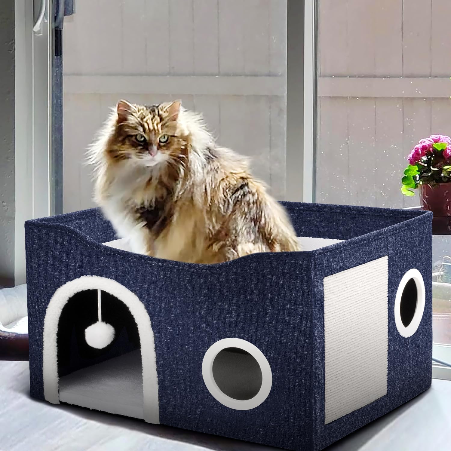 Cat House for Indoor Cats - Large Cat Bed Cave with Fluffy Ball and Scratch Pad, Foldable Cat Houses & Condos, Cat Cubes, Cat Hideaway, Covered Cat Bed for Multi Small Pet Large Kitty