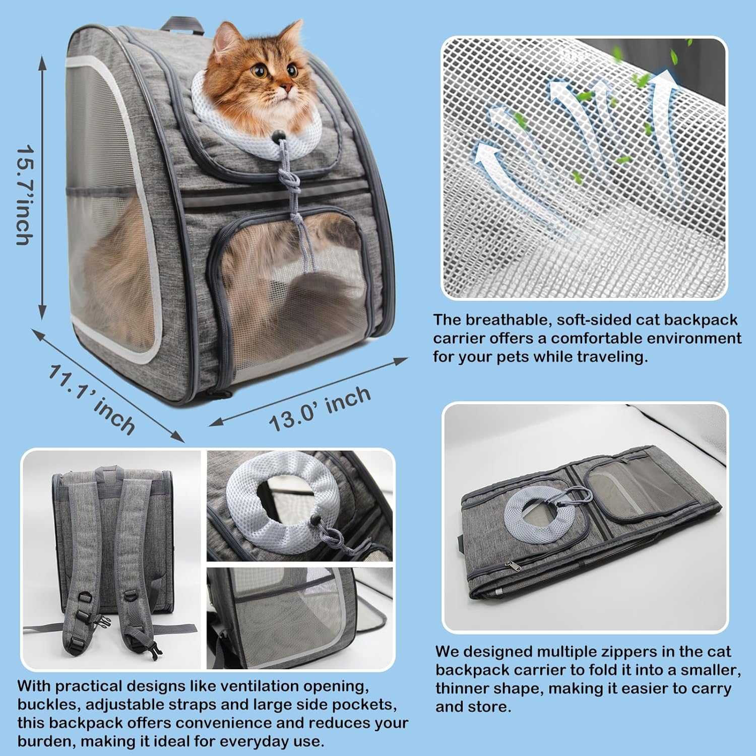 Soft-Sided Cat Carrier Backpack & Foldable Travel Litter Box for Cats, Portable Cat Litter Box with Lid Fit for Pet Cats or Kitten Up to 20lbs, Cat Essentials for Outdoor Traveling