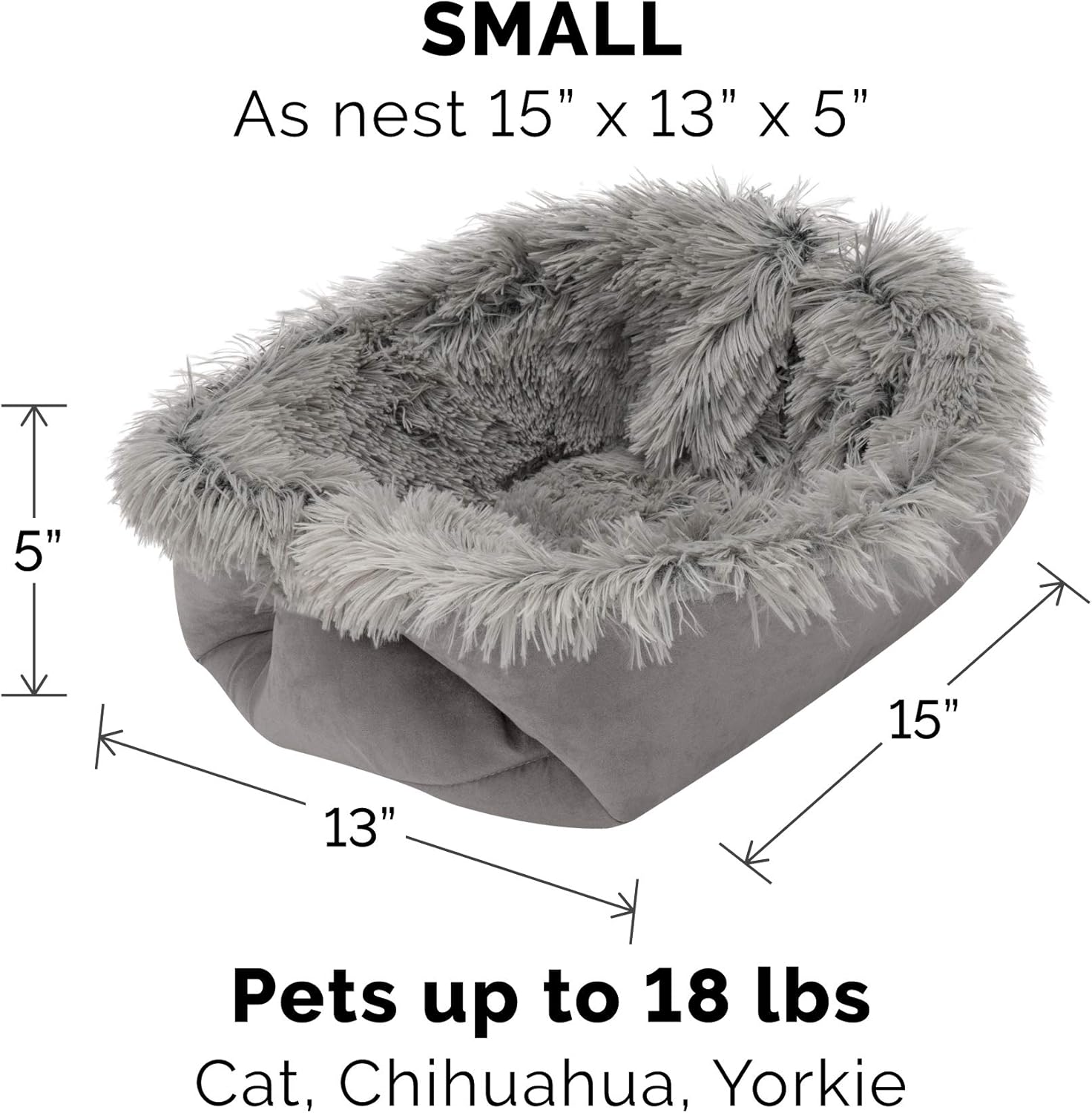 Self-Warming Cat Bed for Indoor Cats, 4-Beds-in-1 & Washable - Plush Long Faux Fur Convertible Cuddler - Gray, Small