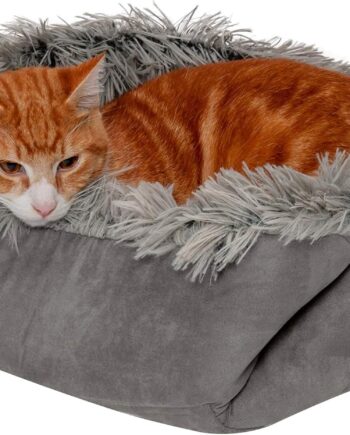 Self-Warming Cat Bed for Indoor Cats, 4-Beds-in-1 & Washable - Plush Long Faux Fur Convertible Cuddler - Gray, Small