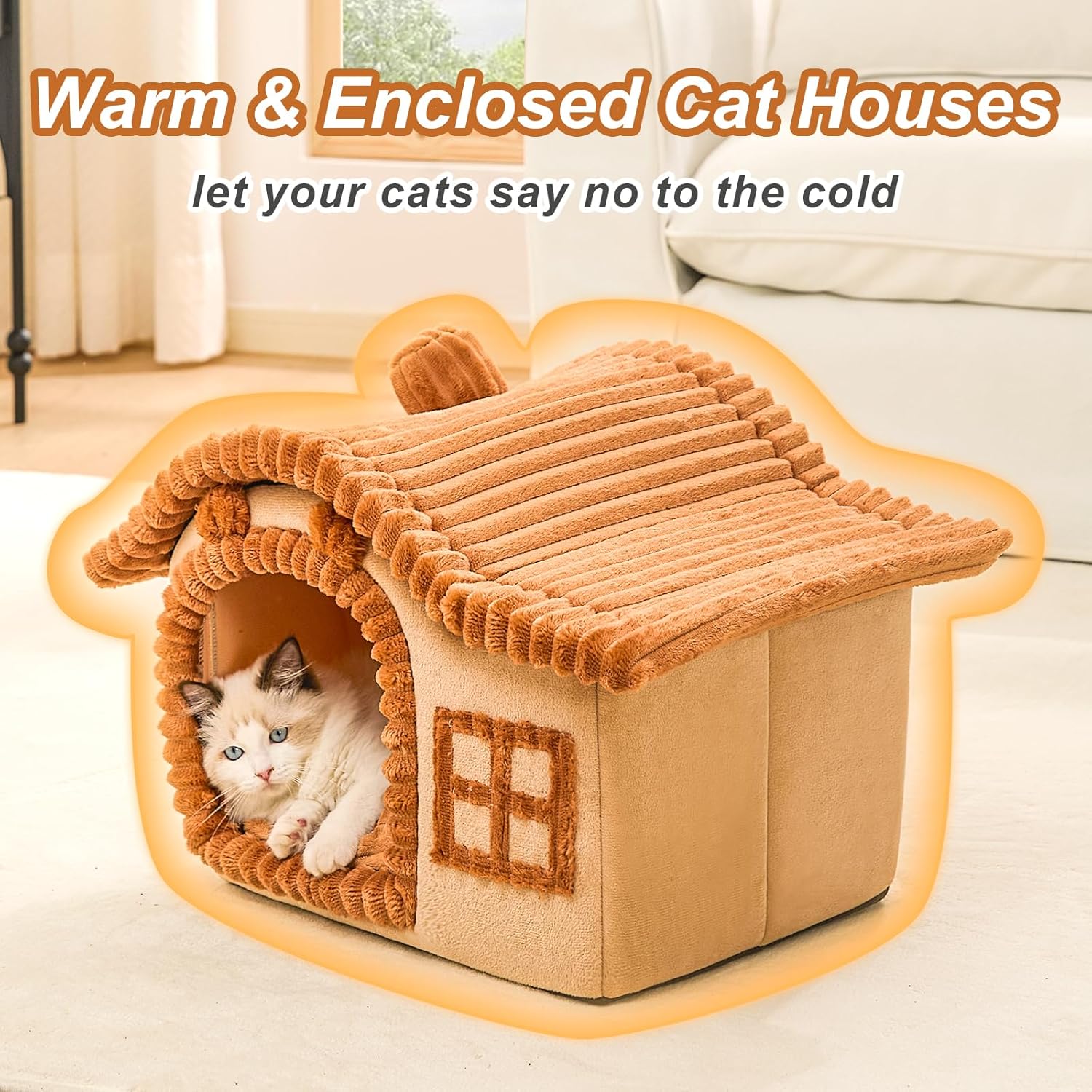 Cat Houses for Indoor Cats, Chimney Cute Cat Bed Cave, Enough Interior Space, Cartoon Soft Pet House Up to 3-7 lbs Kitten, Brown