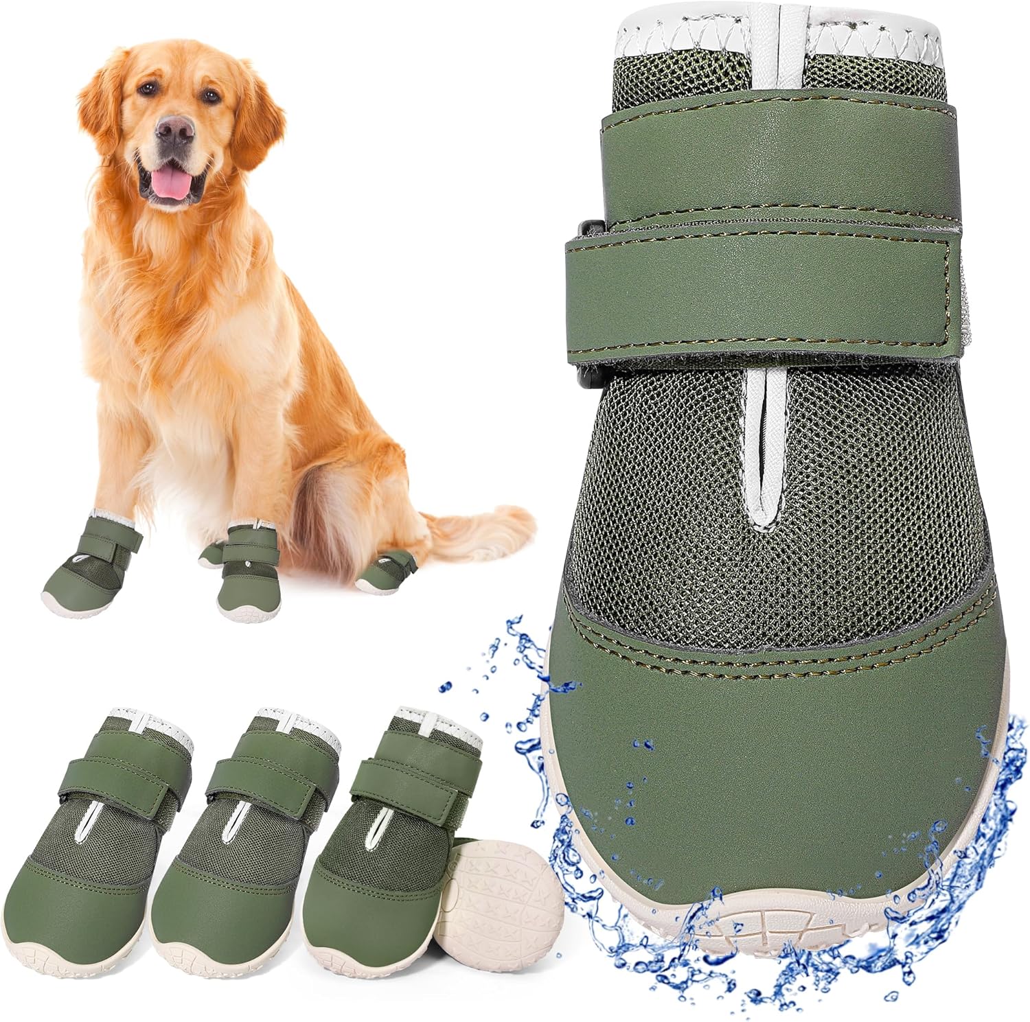 Dog Shoes for Large Dogs, Mesh Breathable Dog Boots & Paw Protectors for Hot Pavement Summer Winter Snow, 360° Anti-Slip Dog Booties for Hiking/Walking,Military Green 4PCS(Size 8)