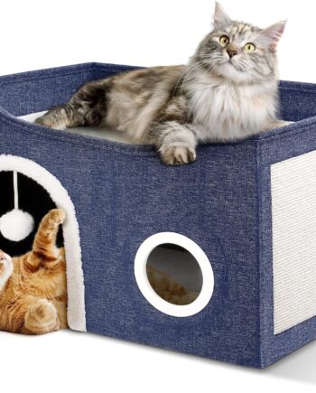 Cat House for Indoor Cats - Large Cat Bed Cave with Fluffy Ball and Scratch Pad, Foldable Cat Houses & Condos, Cat Cubes, Cat Hideaway, Covered Cat Bed for Multi Small Pet Large Kitty